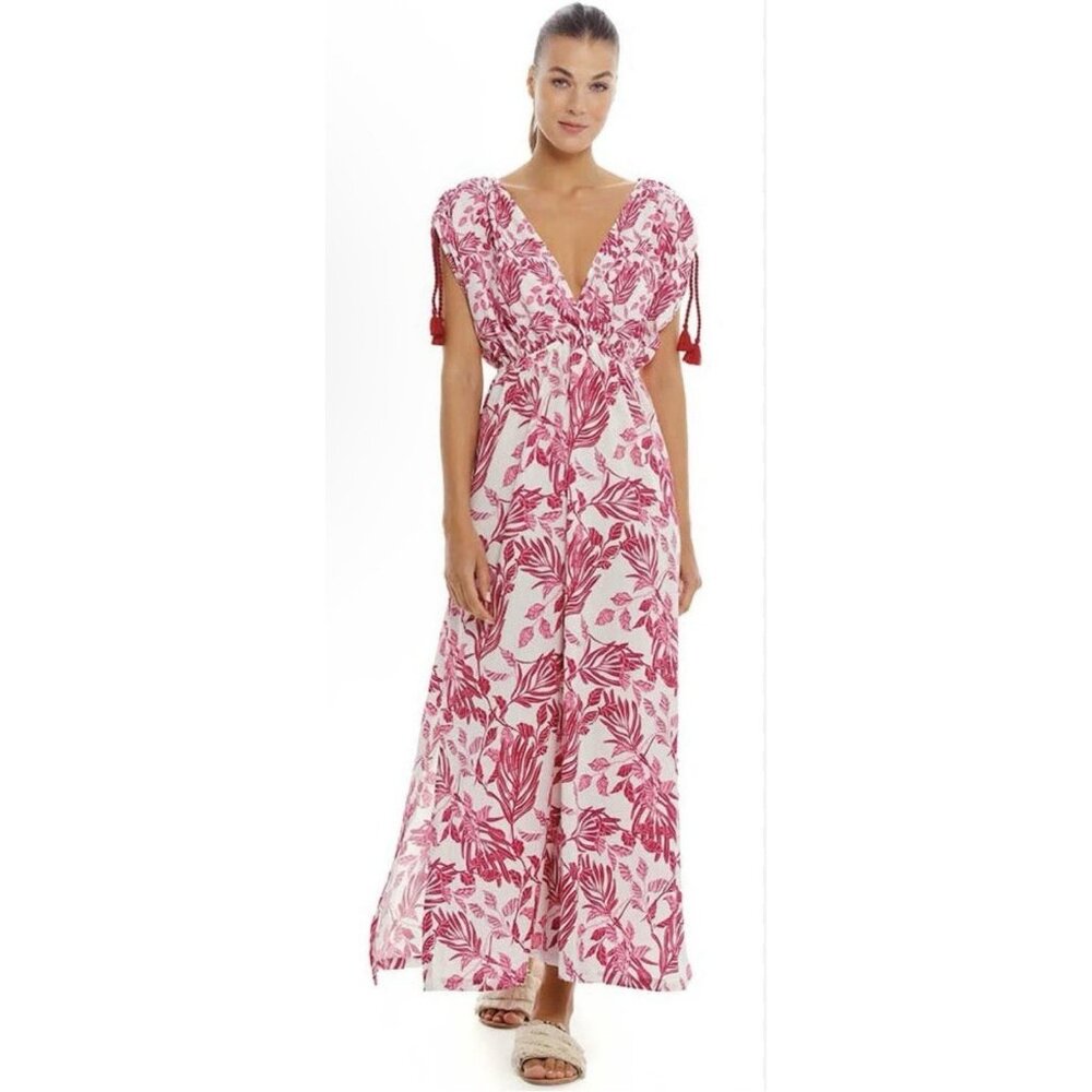 Cosita Linda Dress Pink Maxi Swim Coverup Floral Print VNeck Tassel